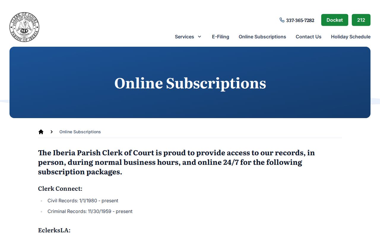 Iberia Parish Clerk court record access for released inmate cases