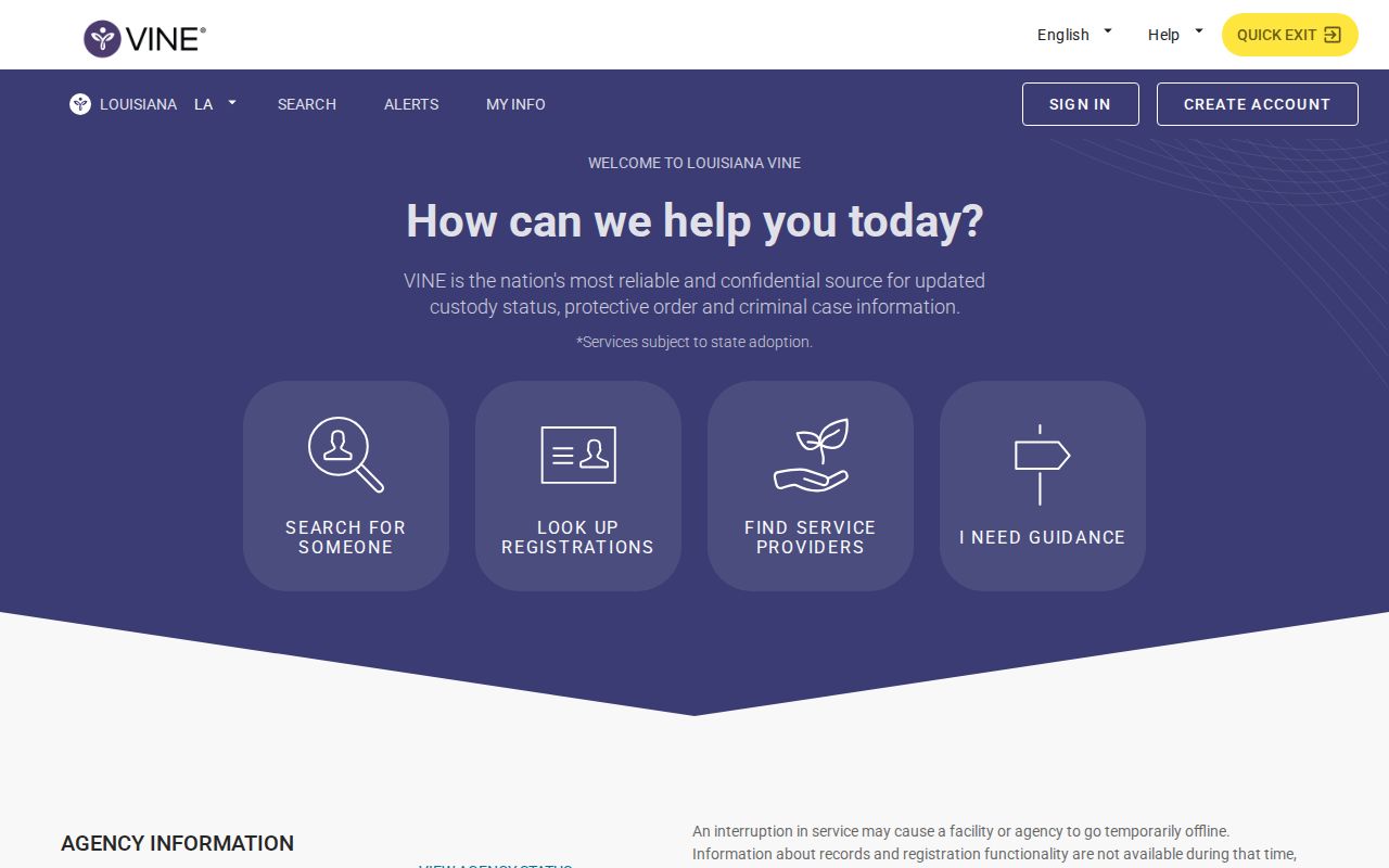 Louisiana VINE search screen for Iberia Parish released inmate records