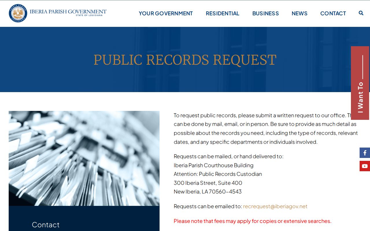 Iberia Parish written records request channel for release records
